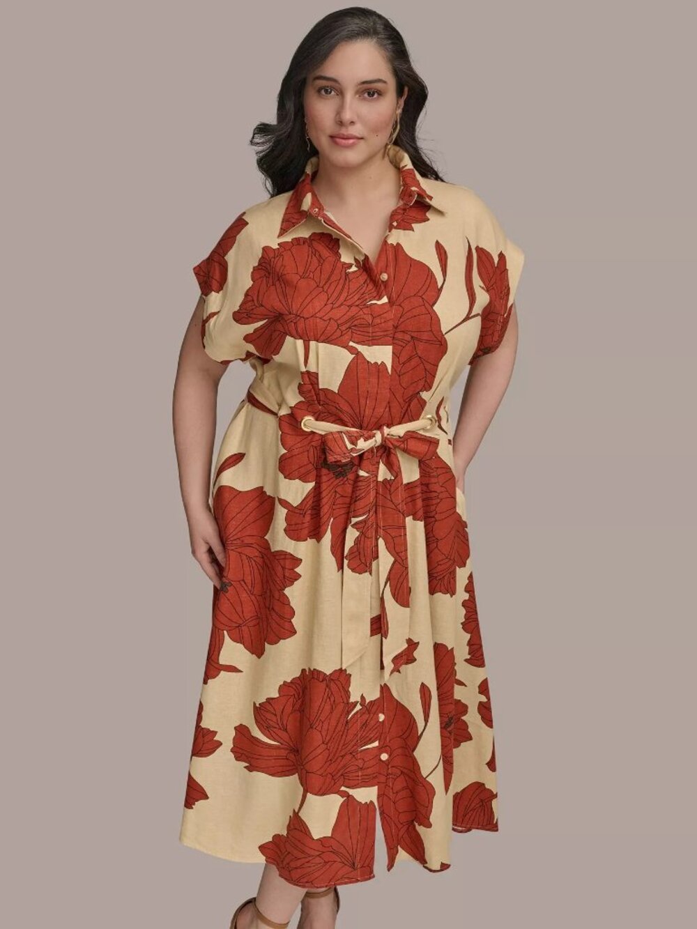 Donna Karan New York Printed Grommet-Waist Shirtdress Cinnamon Plus Size 20W
